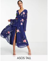 ASOS - Asos Design Tall Tie Front Button Through Midi Dress With Floral Embroidery - Lyst