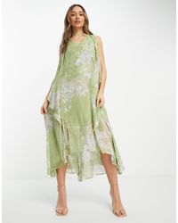 AllSaints - Vestido midi verde con estampado floral capri venetia - Lyst