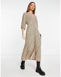 Mango - V Neck Leopard Print Midi Dress - Lyst