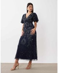 Beauut - Embellished V Neck Wrap Flutter Sleeve Maxi Dress - Lyst