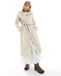 Reclaimed (vintage) - Longline Leather Look Trench Coat With Detachable Faux Fur Collar - Lyst