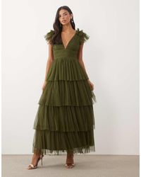 LACE & BEADS - Tulle Ruffle Shoulder Plunge Neck Tiered Maxi Dress - Lyst