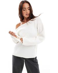 Miss Selfridge - Jersey Cálido Suelto Con Escote Bardot Asimétrico De Punto De -Blanco - Lyst