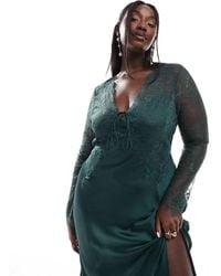 ASOS - Vestido Largo De Corte Al Bies Con Abertura En La Espalda Y Cordones Delanteros De Mezcla De Satén Y Encaje De Asos Design Curve - Lyst