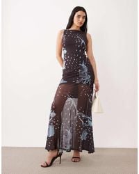 ASOS - Printed Mesh High Neck Maxi Dress With Open Back And Double Strap Detail - Lyst