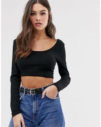 Boohoo Черный Кроп-топ В Рубчик С Длинными Рукавами И Овальным Вырезом -черный Цвет