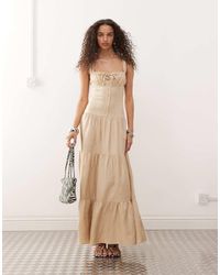 Lioness - Heart Shaped Linen Blend Milkmaid Button Detail Tiered Maxi Dress - Lyst