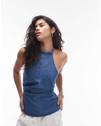 TOPSHOP - Denim Peplum Halter Top - Lyst