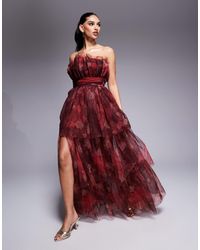 LACE & BEADS - Robe bandeau longue en tulle à imprimé fleurs - et rose - Lyst