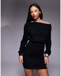 Fashionkilla - Exclusive Cotton Rich Off Shoulder Ruched Skirt Long Sleeve Mini Dress - Lyst