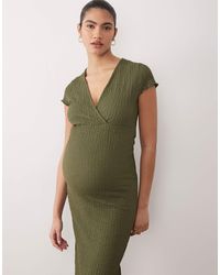 Mama.licious - Mamalicious - robe d'allaitement mi-longue texturée à mancherons et col v - kaki foncé - Lyst