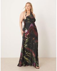 ASOS - Curve Printed Mesh Drape Scarf Neck Maxi Dress With Hardware - Lyst