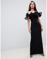 lipsy satin panel bardot fishtail maxi dress
