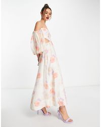 Bardot - Robe longue à découpes et manches ballon avec imprimé floral effet peinture - Lyst