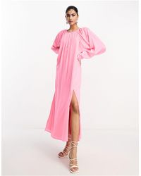 ASOS - Vestido semilargo rosa flúor con acabado lavado y mangas voluminosas - Lyst