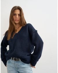 TOPSHOP - Gestrickter pullover mit v-ausschnitt, lässiger passform und rollnahtdetail mit wolle - Lyst