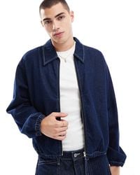 ASOS - Cropped Raw Denim Harrington Jacket With Contrast Stitch - Lyst