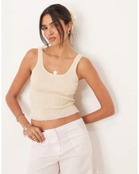 Mango - Fijngebreide Top Van Katoenmix Met Bandjes En Ruches Aan De Zoom - Lyst