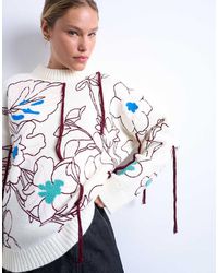 TOPSHOP - Maglione Premium Oversize Ricamato Color Avorio - Lyst