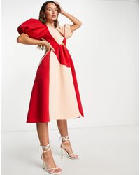 ASOS Puff Sleeve Twist Plunge Cut-out Prom Midi Dress - Red