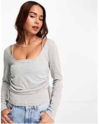Miss Selfridge - 2 In 1 Ruched Tie Side Long Sleeve Top With Cami In Grey Marl - Lyst