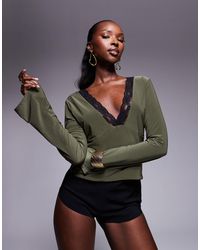 ASOS - Slinky Plunge Contrast Lace Trim V Neck Top With Flared Sleeves - Lyst