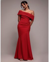 Goddiva - Pleated One Shoulder Bardot Fit And Flare Maxi Dress - Lyst