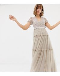 Needle & Thread Embroidered Tulle Maxi Dress With Cap Sleeve In Rose - Pink