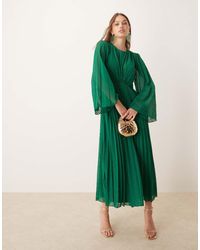 ASOS Pleated Embroidered Midi Dress in Green