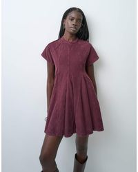 ASOS - Cord Godet Mini T-shirt Dress With High Neck Washed Burgundy - Lyst