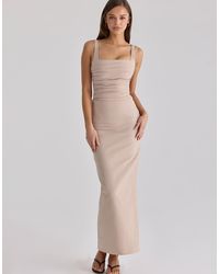 House Of Cb - Calandra Taupe Stretch Crepe Ruched Maxi Dress - Lyst