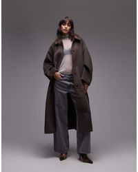 TOPSHOP - Cappotto Elegante Taglio Lungo Marrone Con Cintura - Lyst