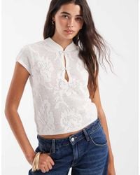 ASOS - Knitted Mandarin Collar Short Sleeve Floral Stitch Top - Lyst