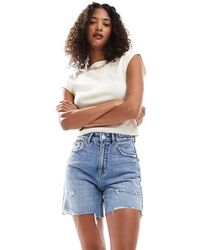 Stradivarius - Denim Dad Short Met Gebleekte Wassing - Lyst