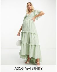 ASOS - Asos Design Maternity Angel Sleeve Plunge Textured Tiered Maxi Dress With Cut Out And Rouleux Detail - Lyst