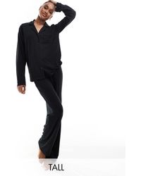 Loungeable Tall - Super Soft Jersey Revere Top And Wide Leg Pants Pyjama Set With Piping Detail - Lyst