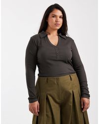 ASOS - Asos Design Curve Shrunken Rib Henley Long Sleeve Top With Collar - Lyst