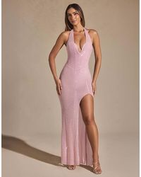 Oh Polly - Ianthe Embellished Halter Neck Structured Bust Detail Thigh Split Maxi Dress - Lyst