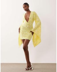 ASOS - Plissé Mini Jurk Met Lovertjes, Vleermuismouwen En Gerimpeld Detail - Lyst