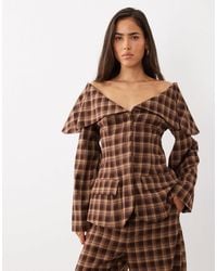 ASOS - Off Shoulder Tie Waist Long Sleeve Brushed Check Blazer-brown - Lyst