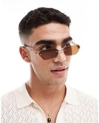 ASOS - Randloze Zonnebril Met Bruine Rechthoekige Glazen En Metalen Gouden Montuur - Lyst