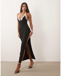 Oh Polly - Modal Plunge Halter Neck Lace Trim Detail Thigh High Split Maxi Dress - Lyst