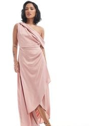 TFNC London - Bridesmaid Satin Fallen Shoulder Maxi Dress With Wrap Skirt - Lyst