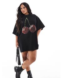 ASOS - Vestido Corto Estilo Camiseta Extragrande Con Estampado Gráfico De Cerezas Con Fondo De Leopardo De Asos Design Curve - Lyst