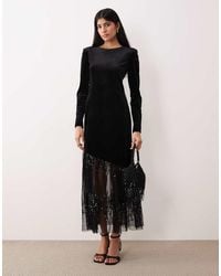 Y.A.S - Long Sleeve Velvet Maxi Dress With Asymmetric Sequined Hem - Lyst