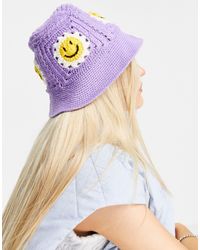 ASOS Crochet Bucket Hat With Happy Detail-purple
