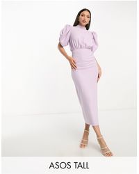 ASOS - Asos Design Tall High Neck Volume Sleeve Midi Dress With Fitted Skirt - Lyst