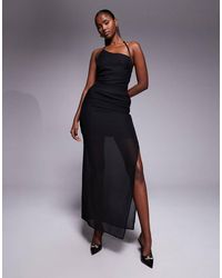 Fashionkilla - Exclusive Chiffon Halterneck Lace Up Open Back Detail Sheer Hem Maxi Dress - Lyst