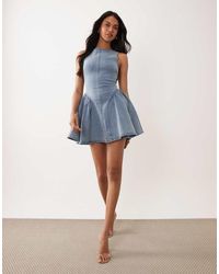 TFNC London - Stretch Denim Boat Neck Full Skirt Mini Dress - Lyst