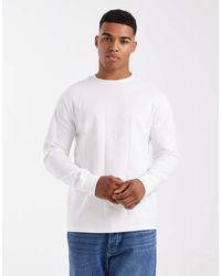 ASOS - Camiseta Blanca De Manga Larga Con Cuello Redondo De Canalé Ancho De - Lyst